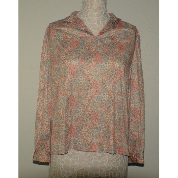 Tops - Vintage Ditsy Floral Long Sleeve Blouse Split Neck Coral Teal Top